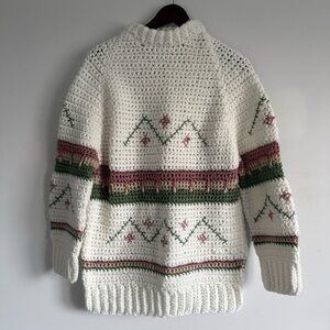 Cozy White, Pink and Green Hand-knit Sweater